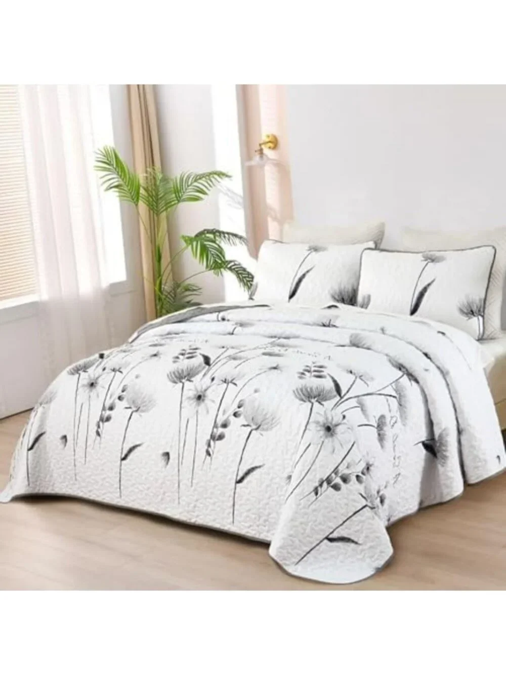 California King Floral Quilt Set - Cute Grey Flower Bedspread & Shams